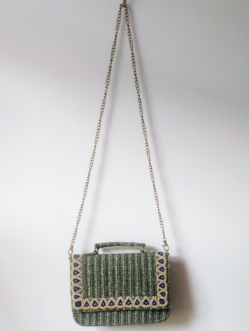 America & Beyond Navy Blue and Green Tweed Handbag W/ Beaded Embellishment NWOT